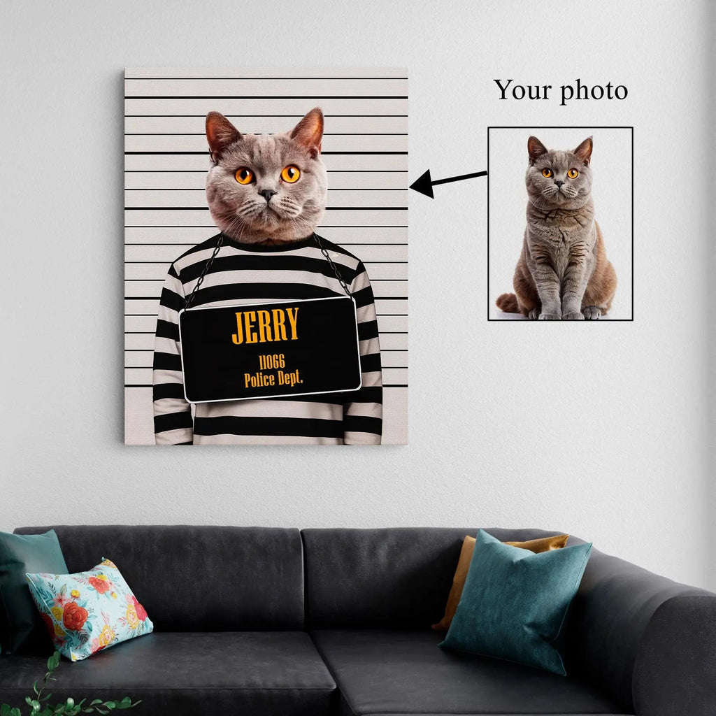 Custom Mugshot Pet Portrait canvas print, front view with gallery-wrapped edge