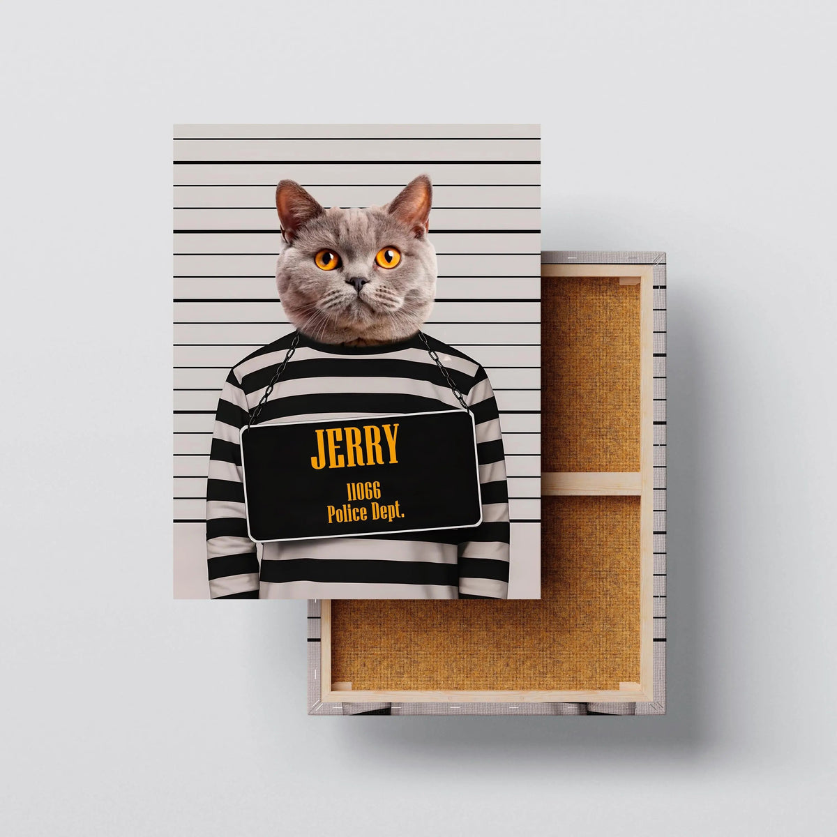 Custom Mugshot Pet Portrait canvas size comparison from 12x18 to 40x60 in above a sofa