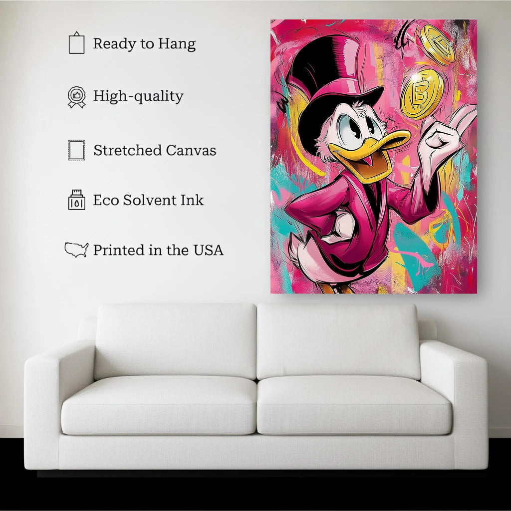 Golden Duck canvas hanging on a living room wall above a white sofa