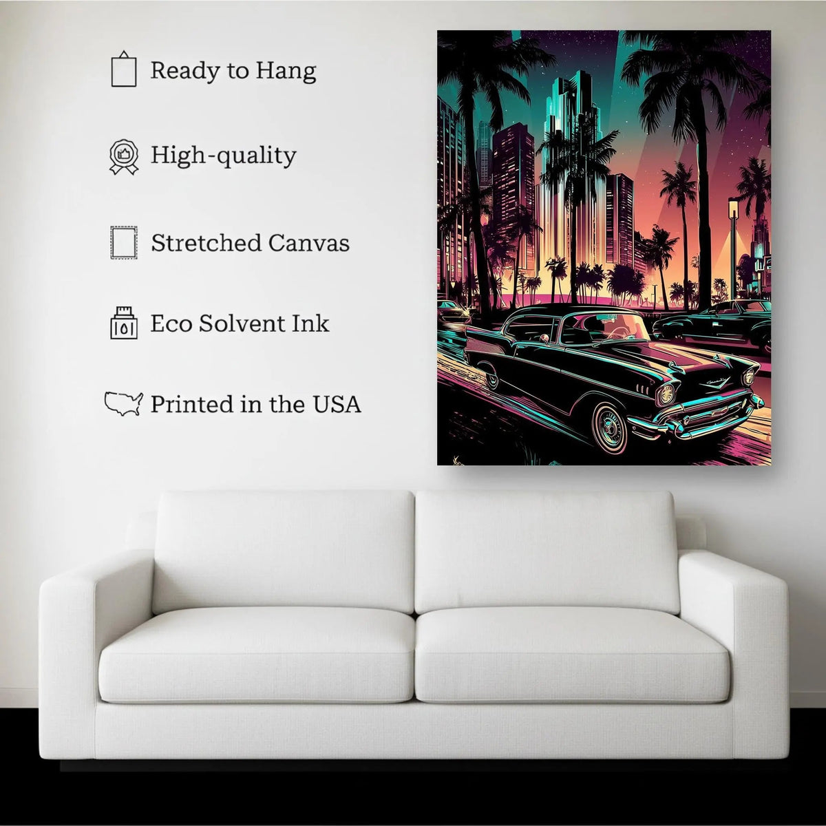 Neon Boulevard canvas hanging on a living room wall above a white sofa