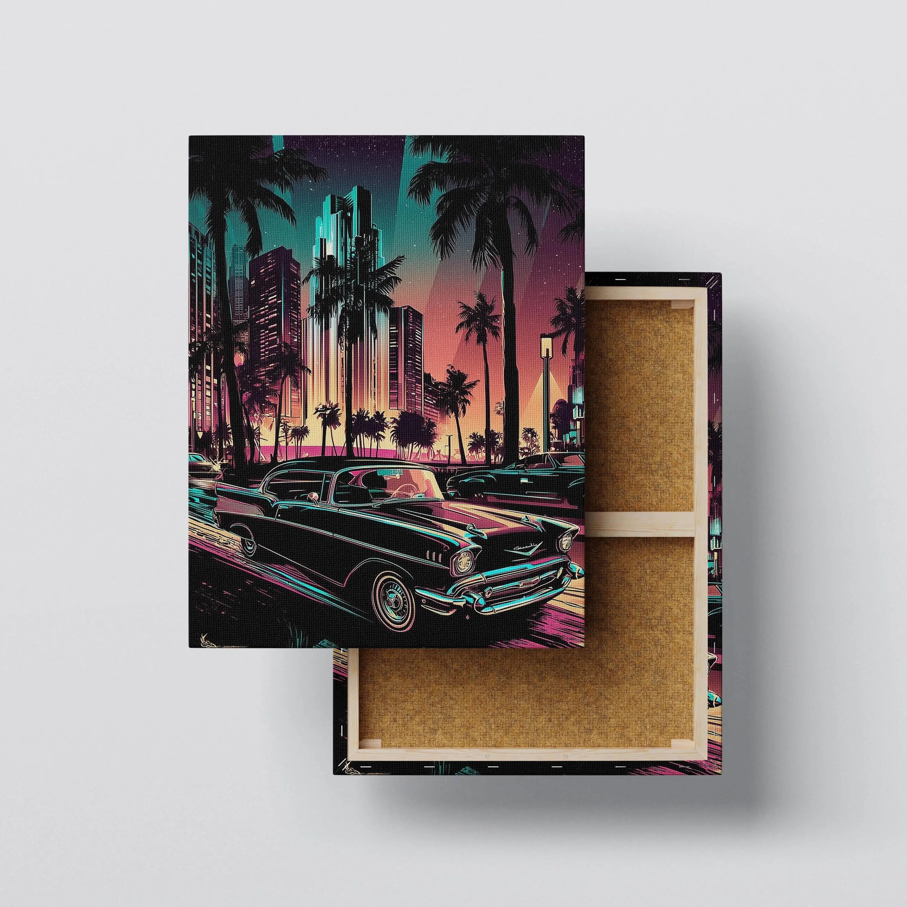 Retro Neon City Car Canvas Wall Art | Synthwave Night City Decor | Vintage Car Street Art | Modern Home Canvas Print Kubo Gallery