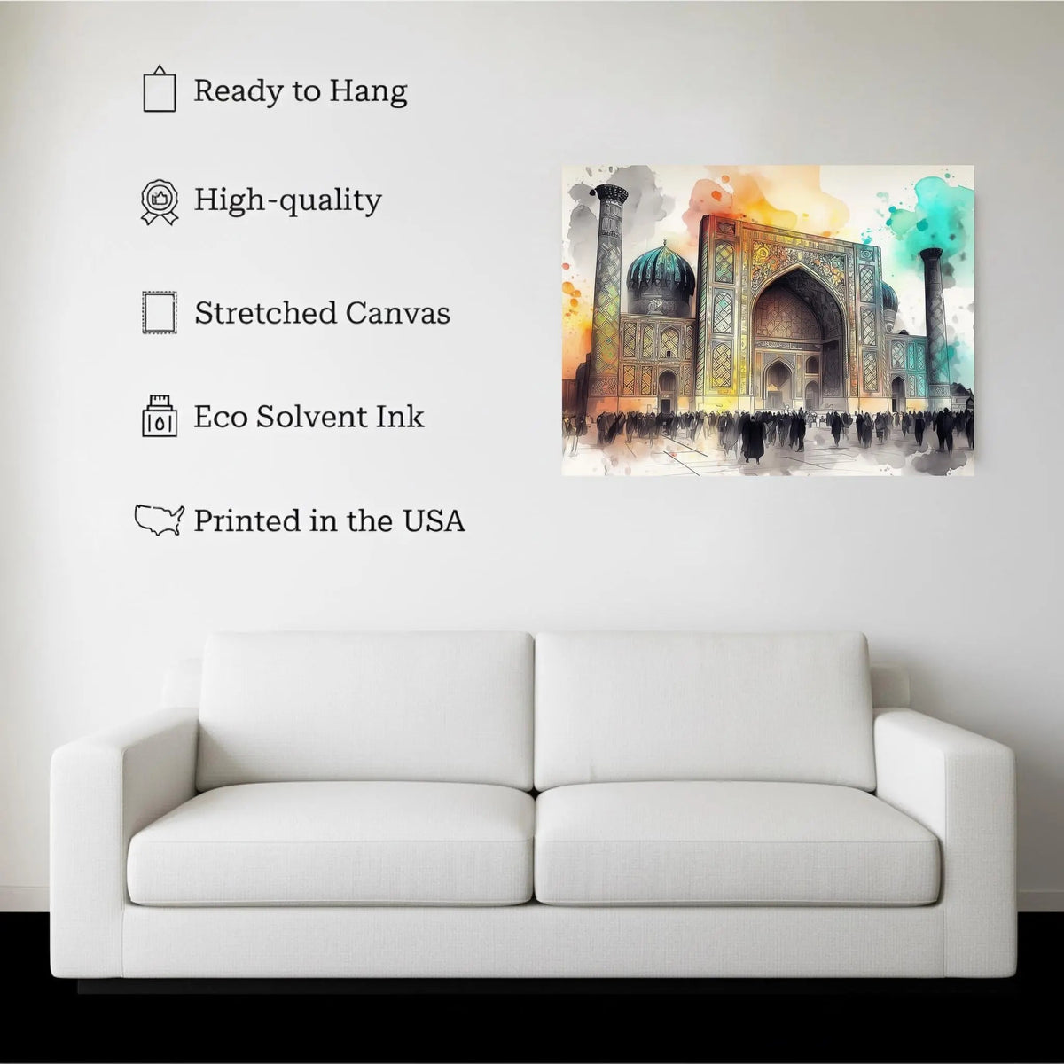Samarkand Gate canvas hanging on a living room wall above a white sofa