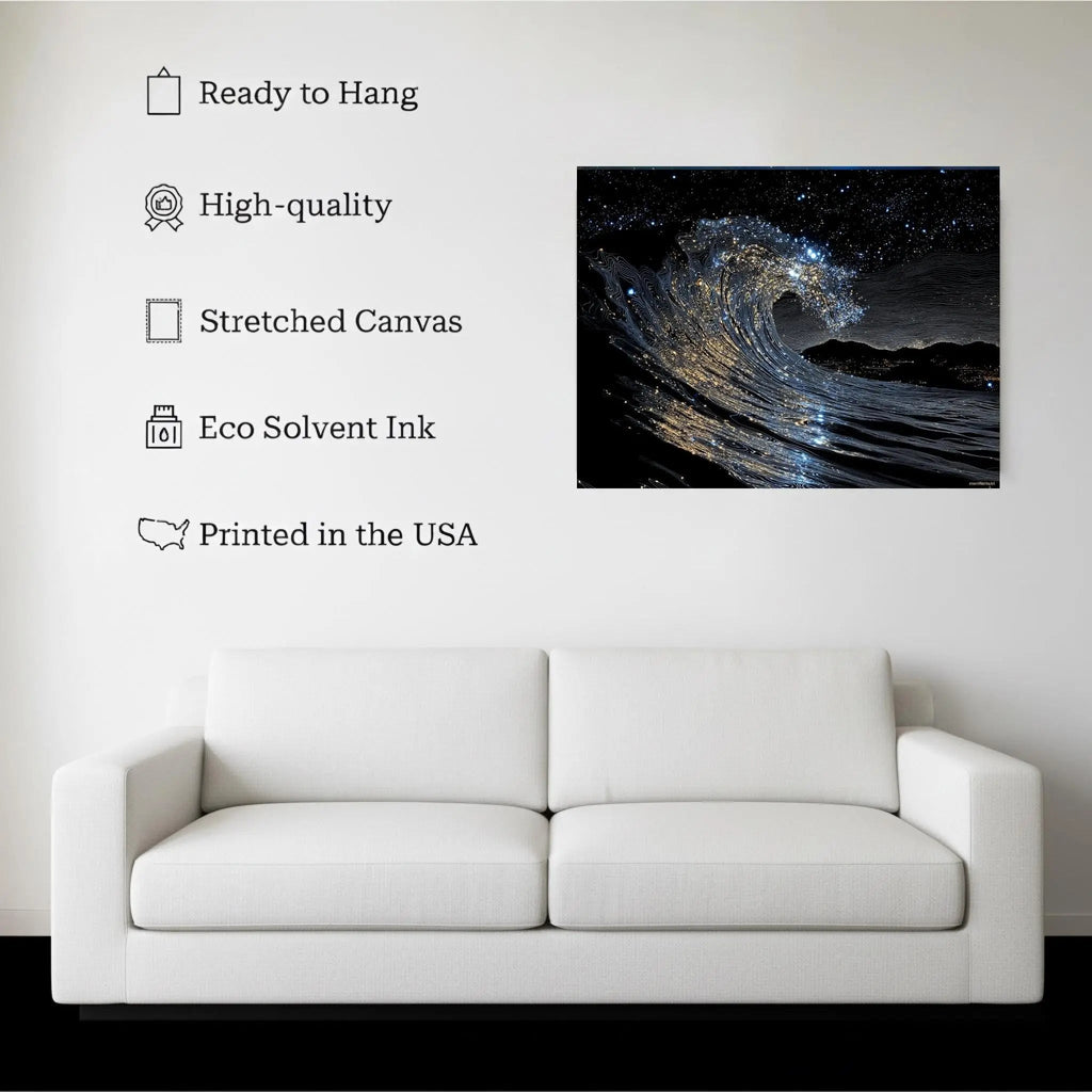 Cosmic Wave canvas hanging on a living room wall above a white sofa