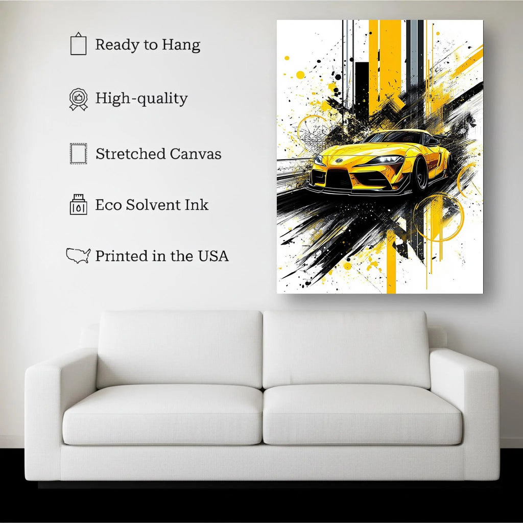 Yellow Speed canvas hanging on a living room wall above a white sofa