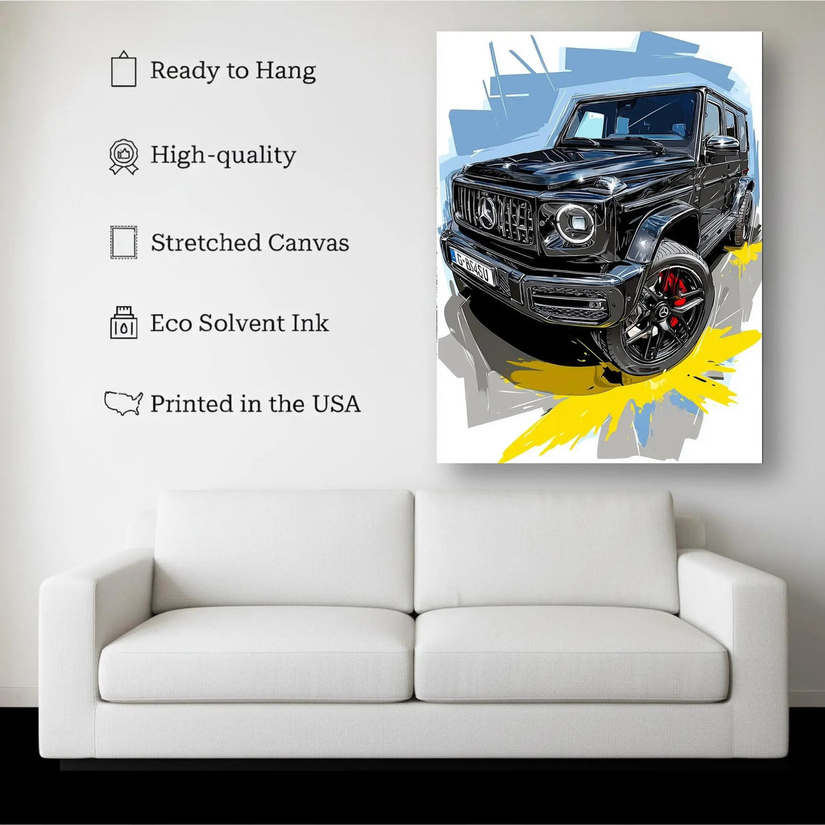 Luxury SUV canvas hanging on a living room wall above a white sofa