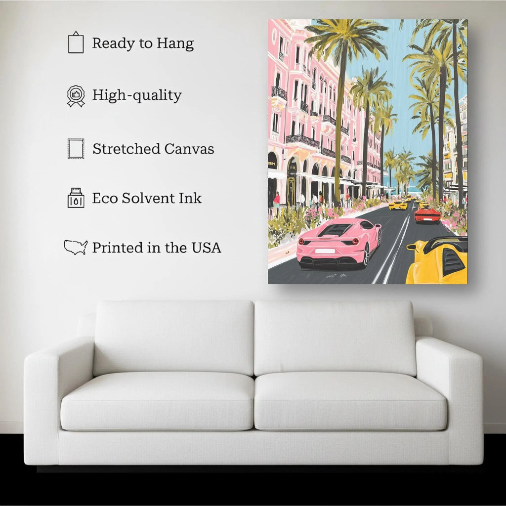 Coastal Drive canvas hanging on a living room wall above a white sofa