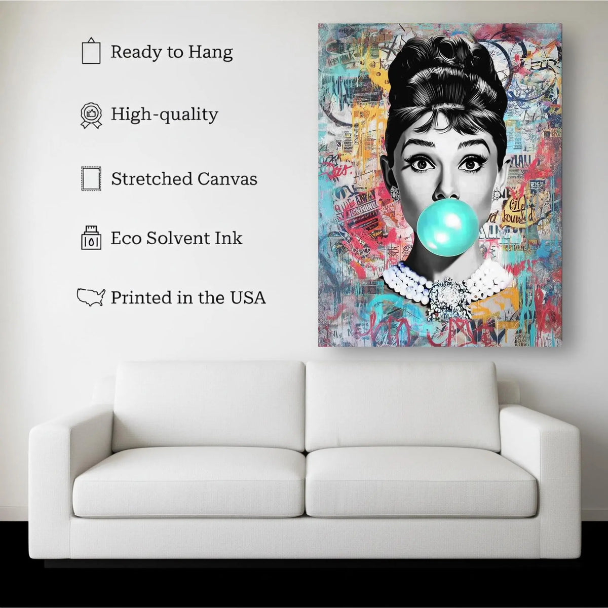 Bubble Gum Pop Art Woman canvas hanging on a living room wall above a white sofa