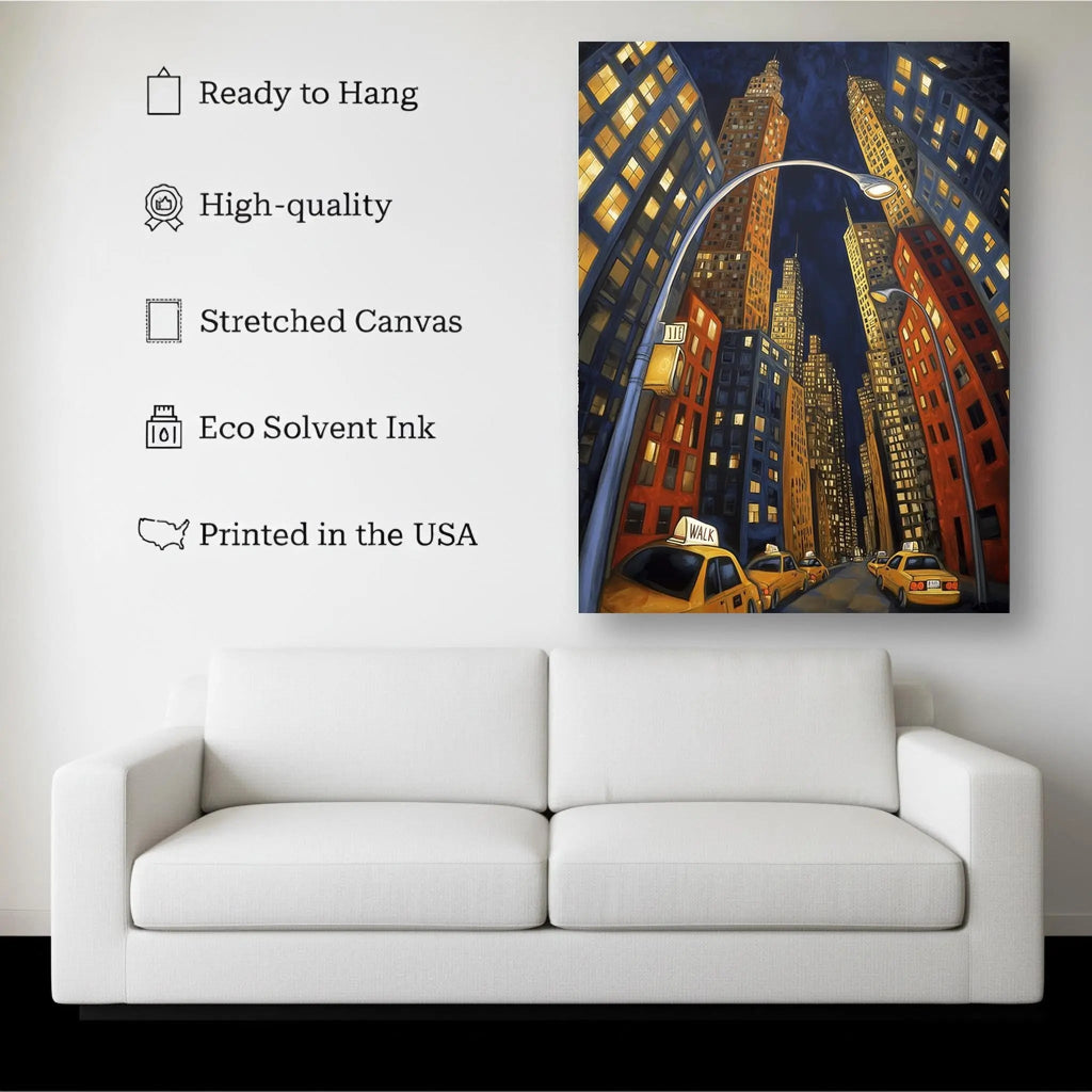 1.5 inch deep stretched canvas edge detail, Night City Skyscraper Canvas Wall Art