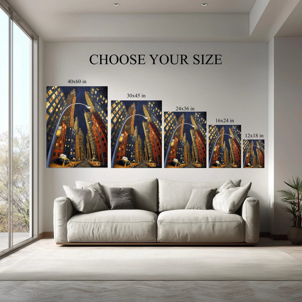 Night City Skyscraper Canvas Wall Art canvas hanging on a living room wall above a white sofa