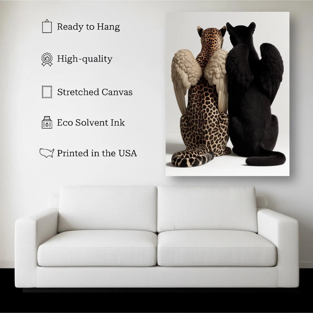 Angel Animals Canvas canvas hanging on a living room wall above a white sofa