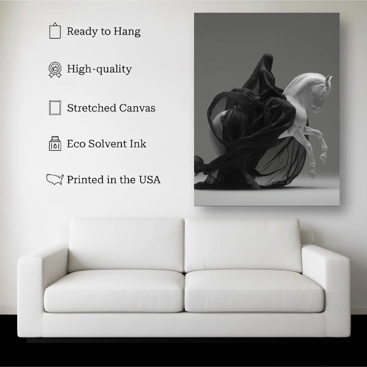 Shadow Rider canvas hanging on a living room wall above a white sofa