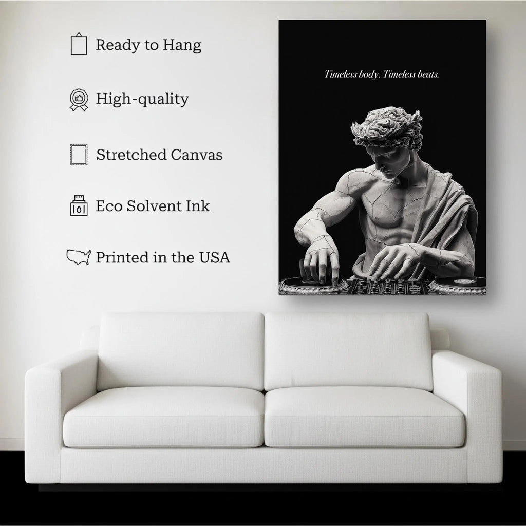 DJ Statue canvas hanging on a living room wall above a white sofa