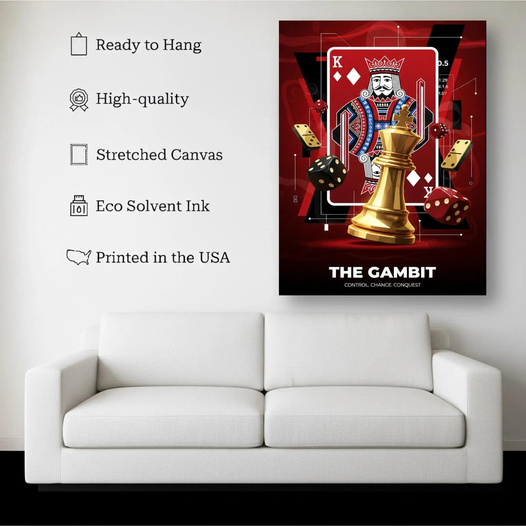The Gambit Chess Canvas canvas hanging on a living room wall above a white sofa