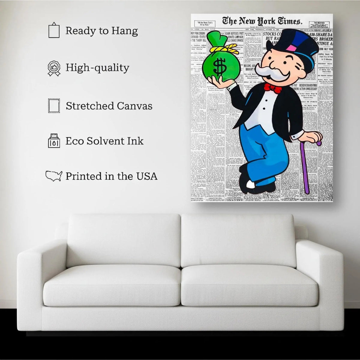 Wall Street Baron canvas hanging on a living room wall above a white sofa