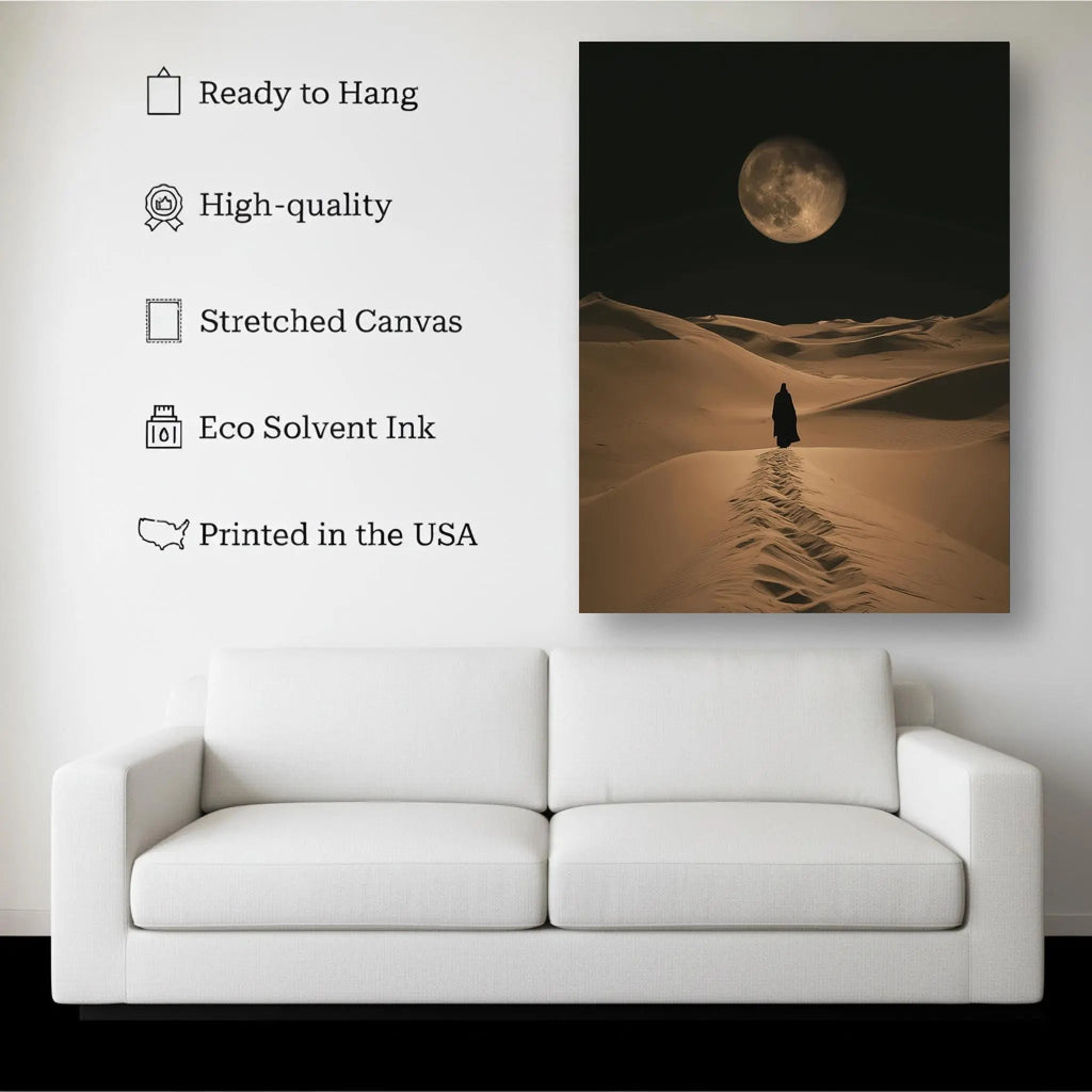 Desert Moonwalk canvas hanging on a living room wall above a white sofa