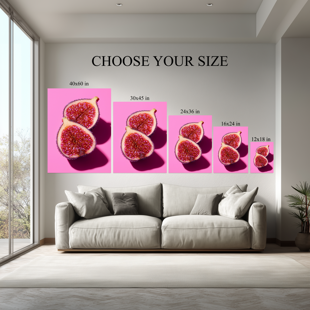 Pink Fig Wall Art canvas size comparison from 12x18 to 40x60 in above a sofa