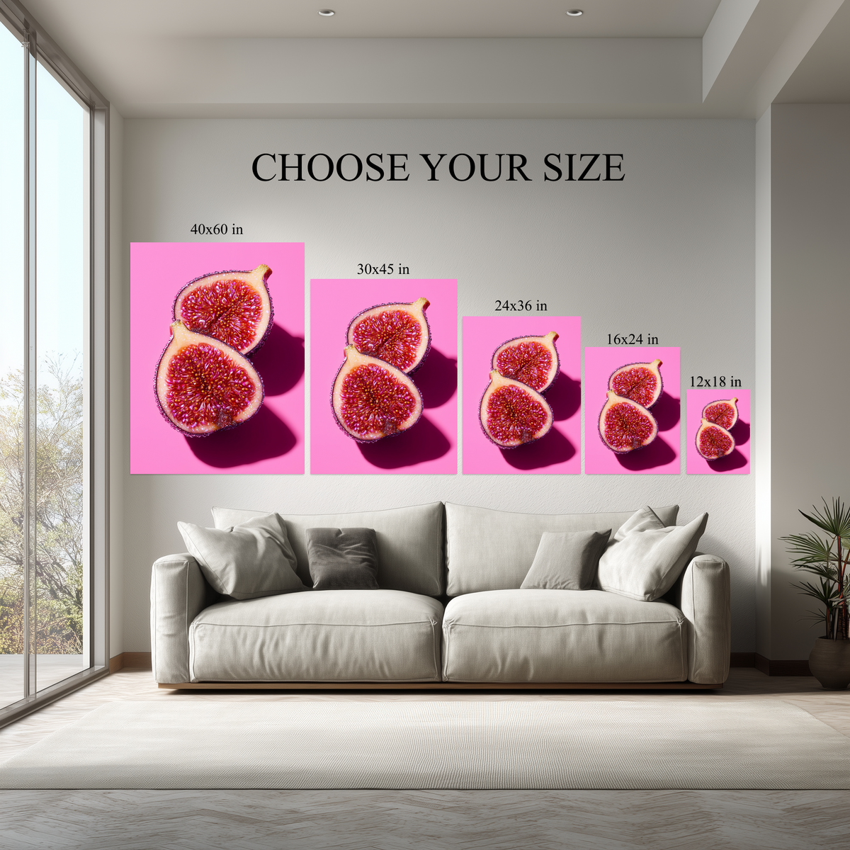 Pink Fig Wall Art canvas size comparison from 12x18 to 40x60 in above a sofa