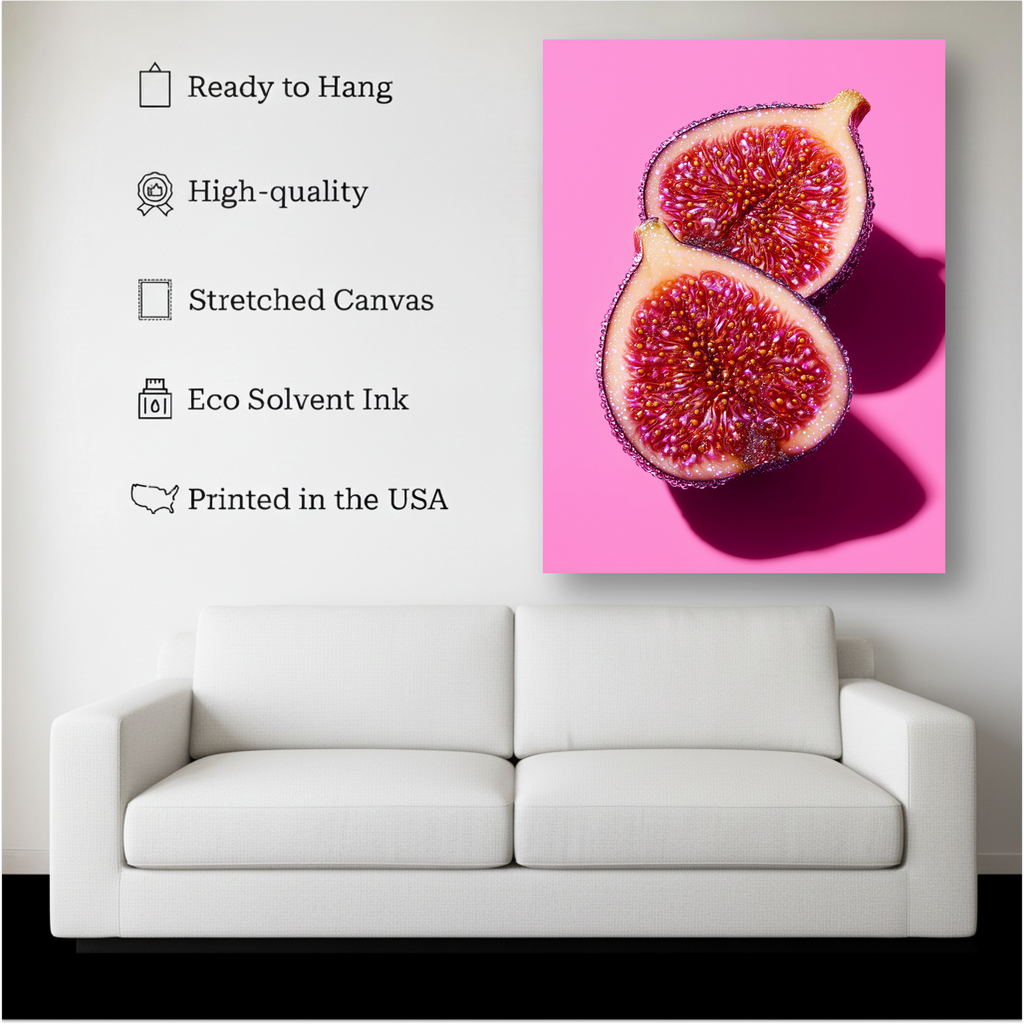 Pink Fig Wall Art canvas hanging on a living room wall above a white sofa