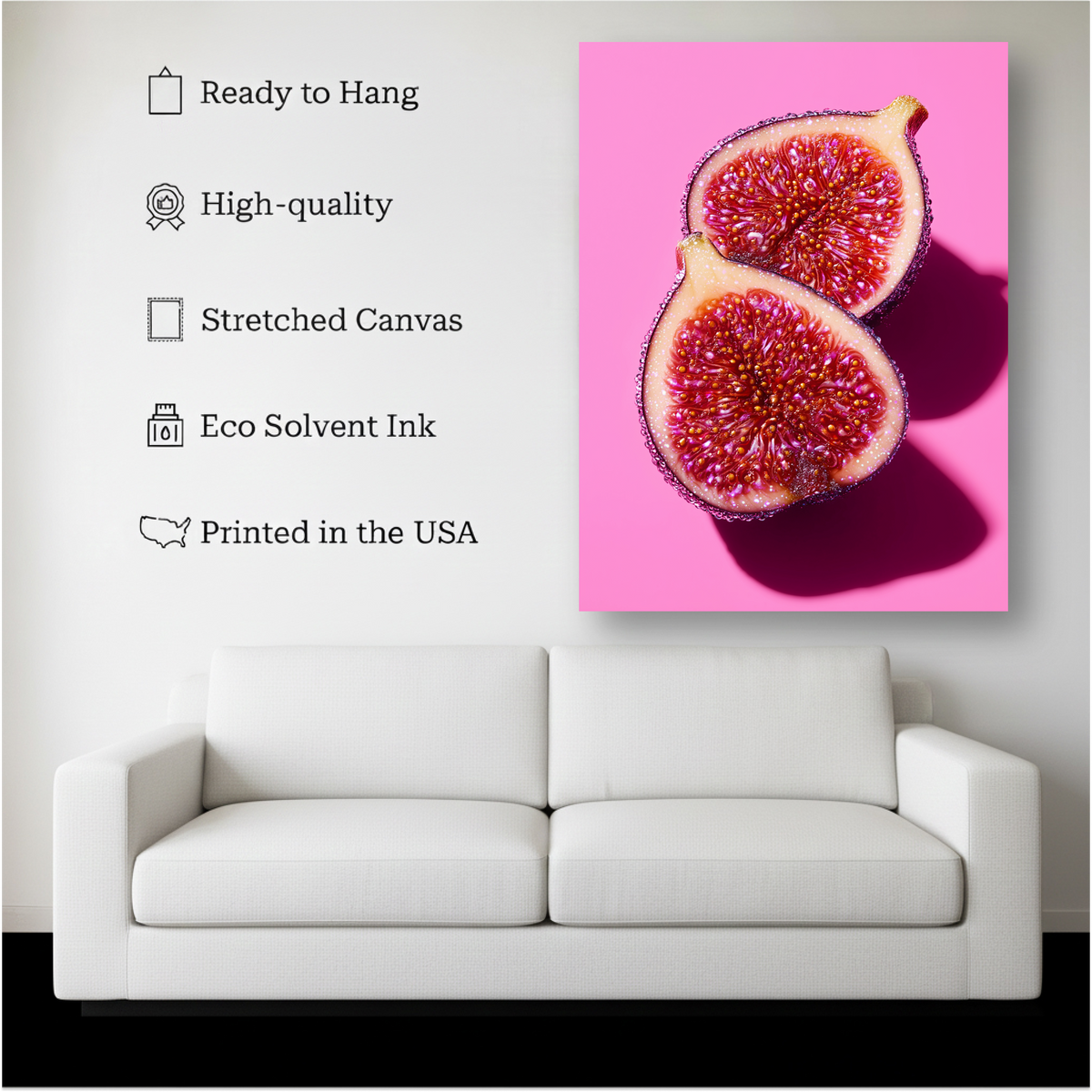 Pink Fig Wall Art canvas hanging on a living room wall above a white sofa