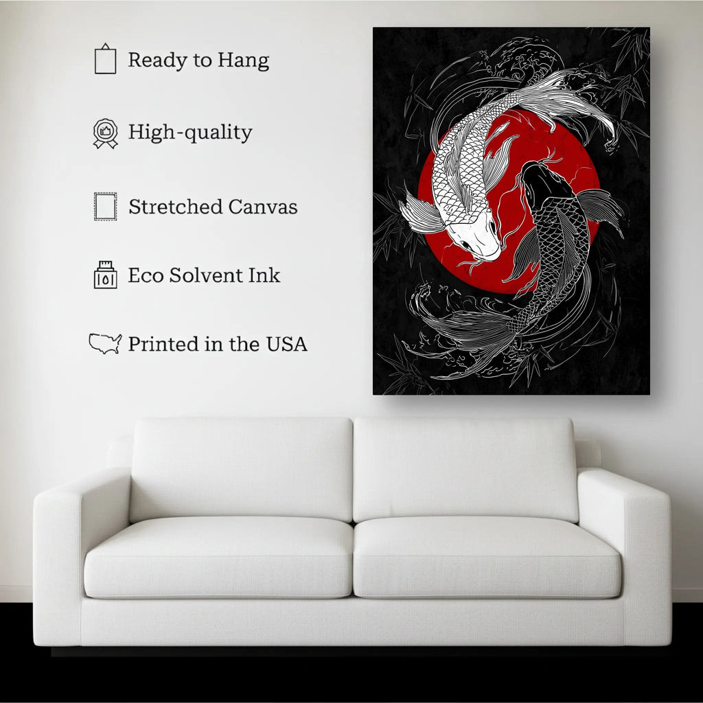 Yin Yang Koi Fish Wall Art canvas hanging on a living room wall above a white sofa