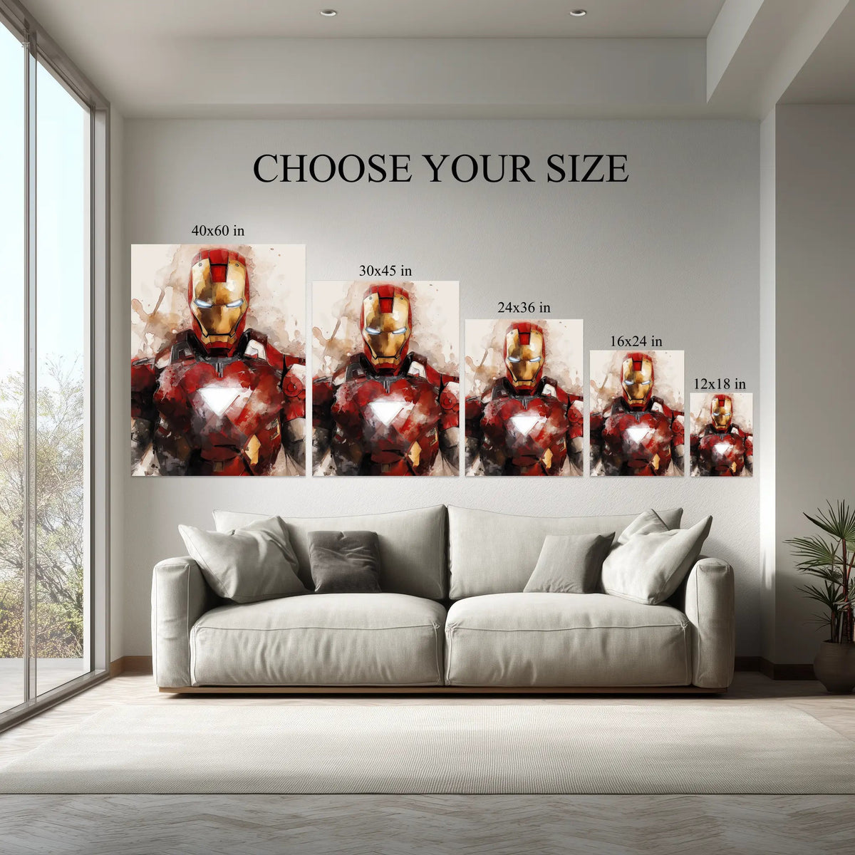 Iron Hero Watercolor Wall Art canvas size comparison from 12x18 to 40x60 in above a sofa