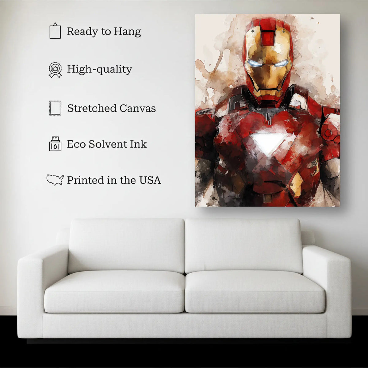 Iron Hero Watercolor Wall Art canvas hanging on a living room wall above a white sofa