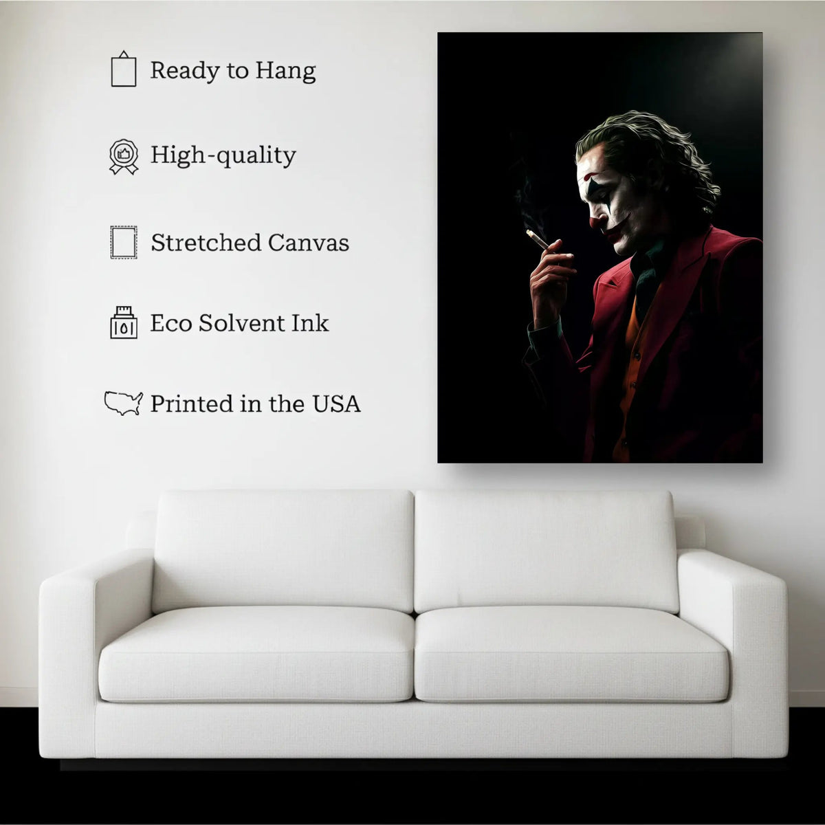 Dark Villain Portrait Wall Art canvas hanging on a living room wall above a white sofa