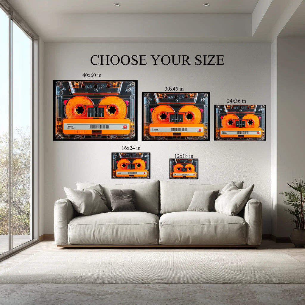 Retro Cassette canvas size comparison from 12x18 to 40x60 in above a sofa