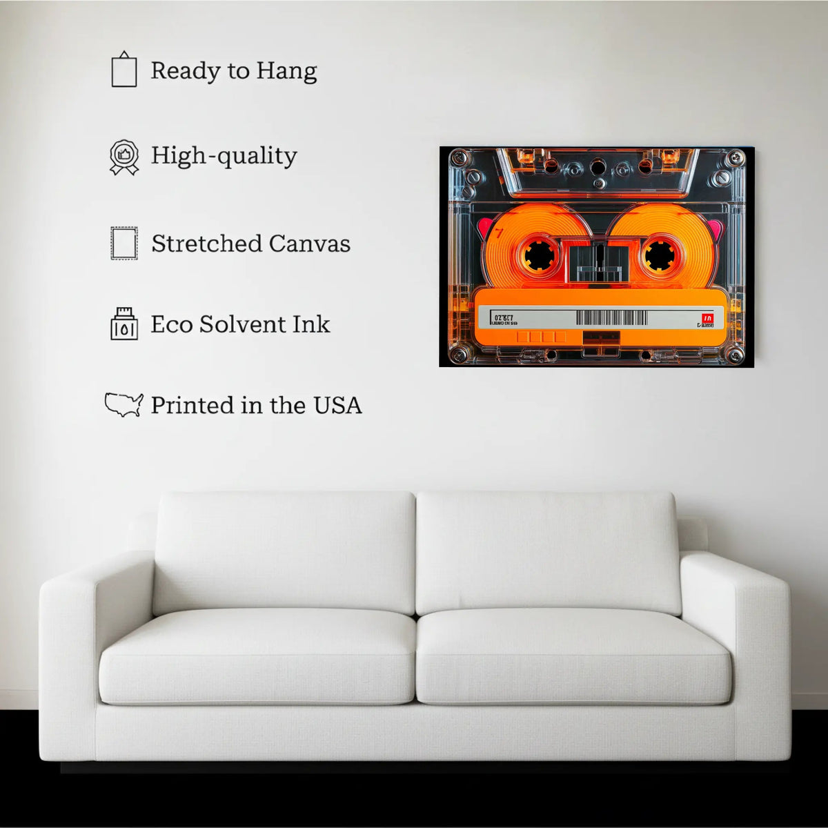 Retro Cassette canvas hanging on a living room wall above a white sofa