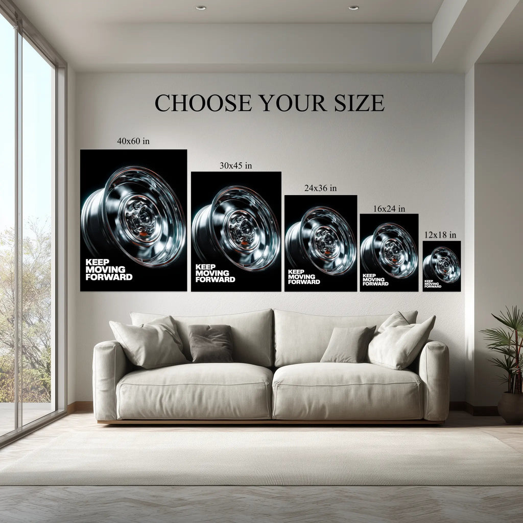 Keep Moving Forward Wheel Wall Art canvas size comparison from 12x18 to 40x60 in above a sofa