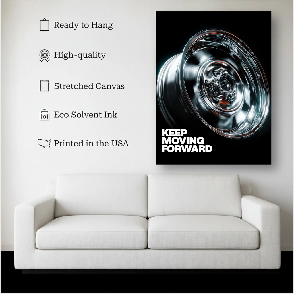 Keep Moving Forward Wheel Wall Art canvas hanging on a living room wall above a white sofa
