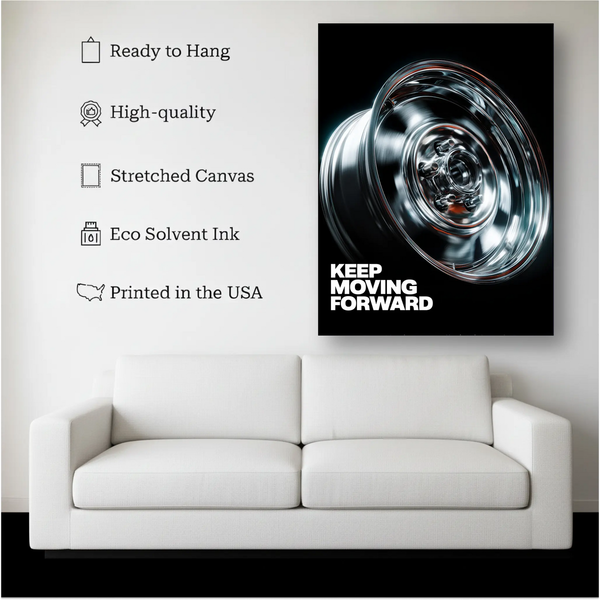 Keep Moving Forward Wheel Wall Art canvas hanging on a living room wall above a white sofa