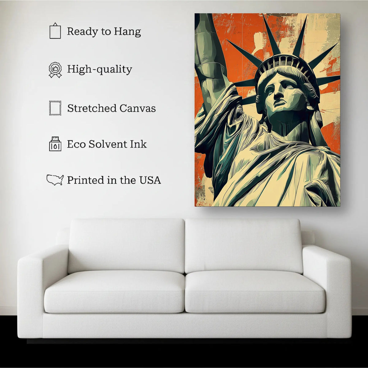 Statue of Liberty Vintage Poster canvas hanging on a living room wall above a white sofa