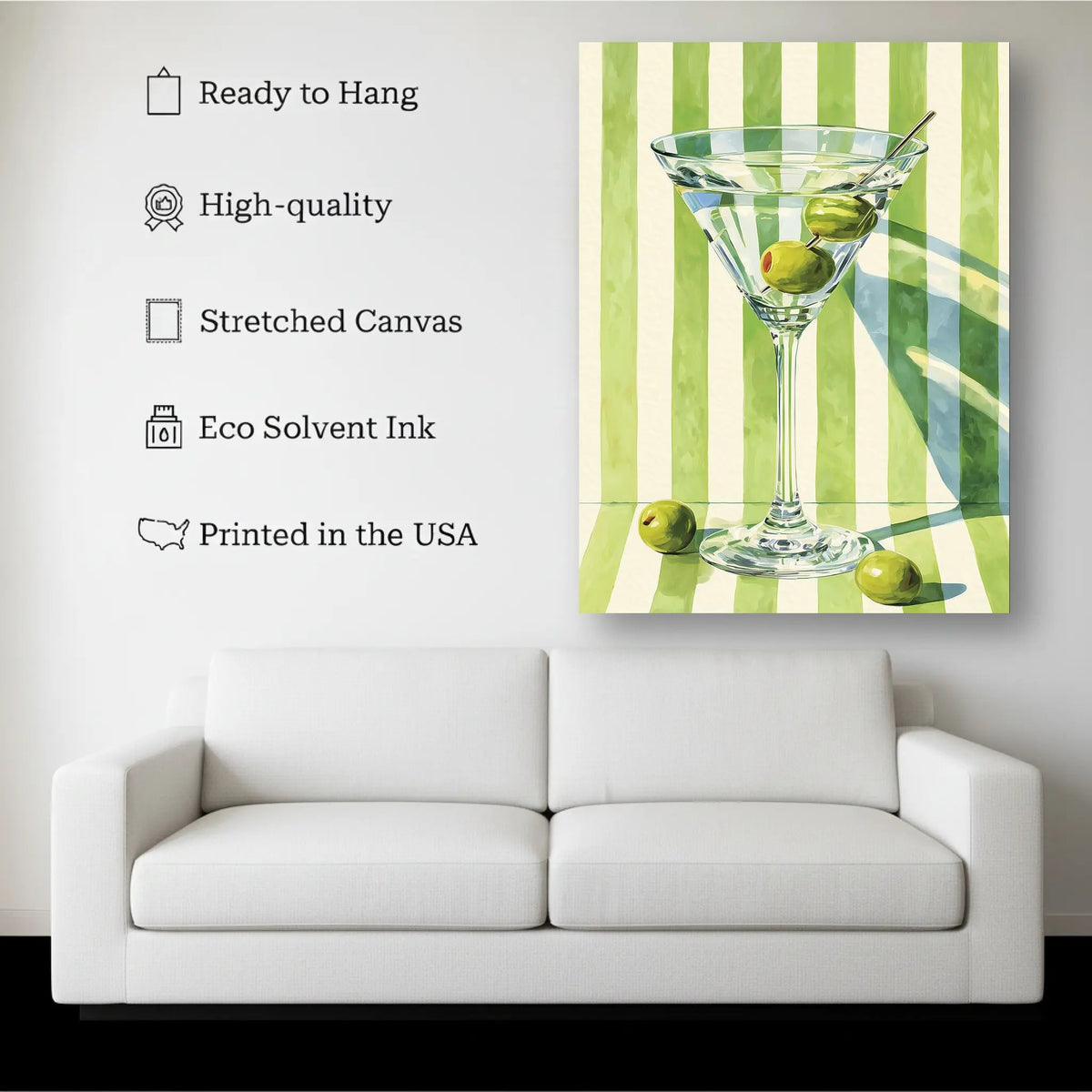 Martini Cocktail Wall Art canvas hanging on a living room wall above a white sofa