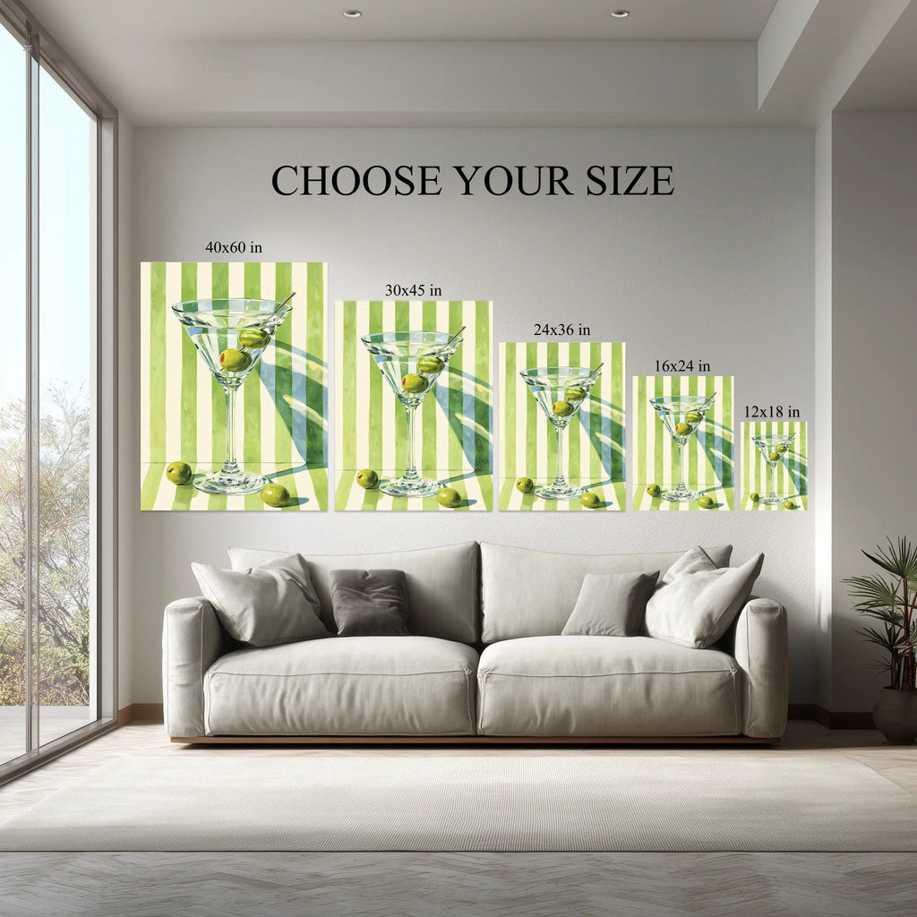 Martini Cocktail Wall Art canvas size comparison from 12x18 to 40x60 in above a sofa