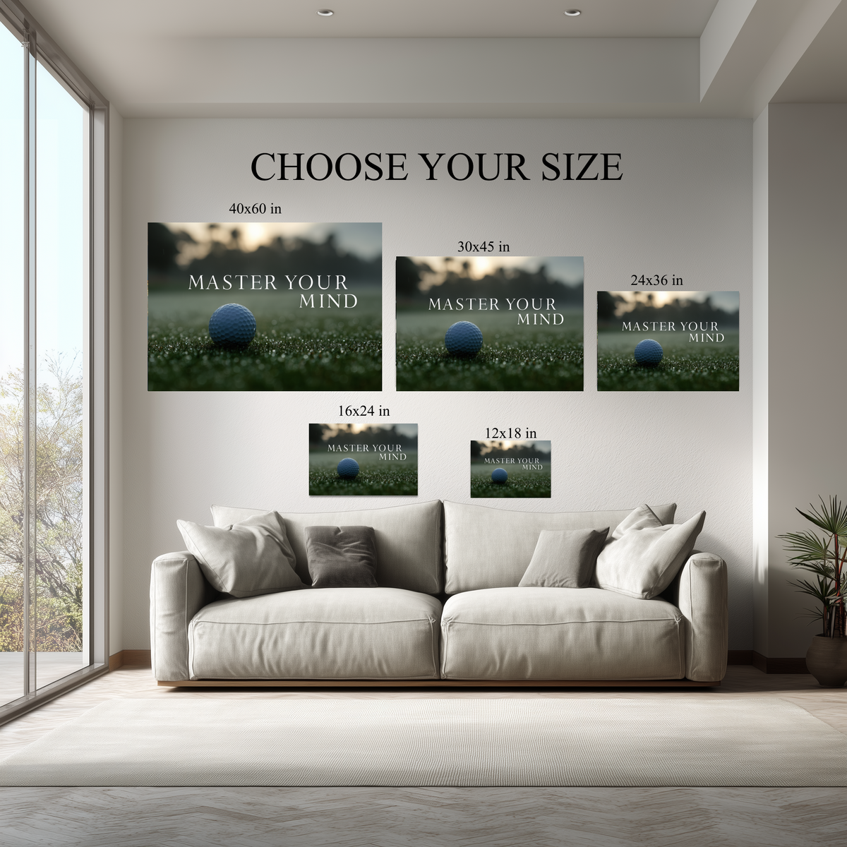 Master Your Mind Golf Wall Art canvas size comparison from 12x18 to 40x60 in above a sofa