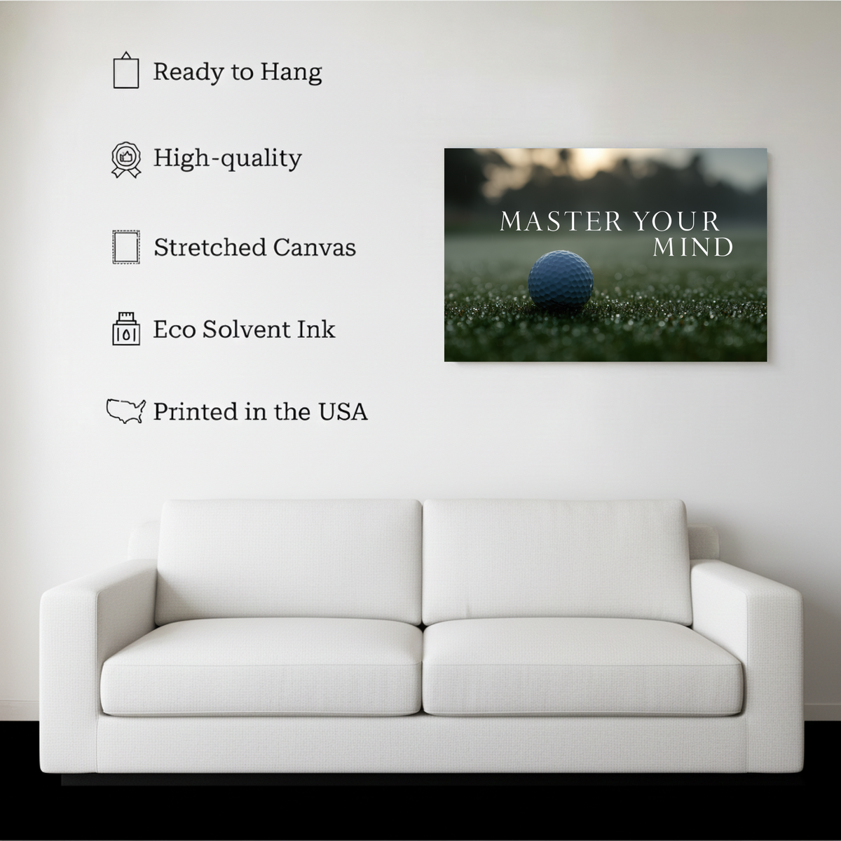 Master Your Mind Golf Wall Art canvas hanging on a living room wall above a white sofa