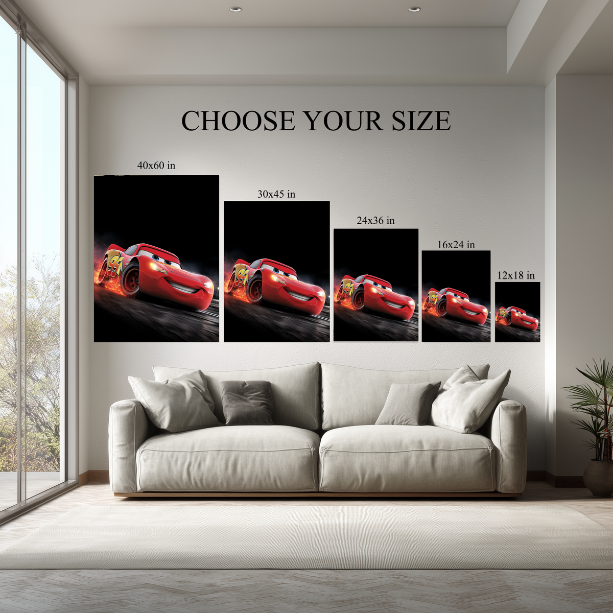 Red Racing Car Wall Art canvas size comparison from 12x18 to 40x60 in above a sofa