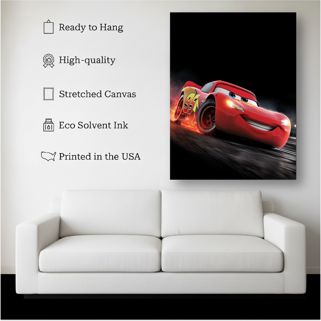 Red Racing Car Wall Art canvas hanging on a living room wall above a white sofa