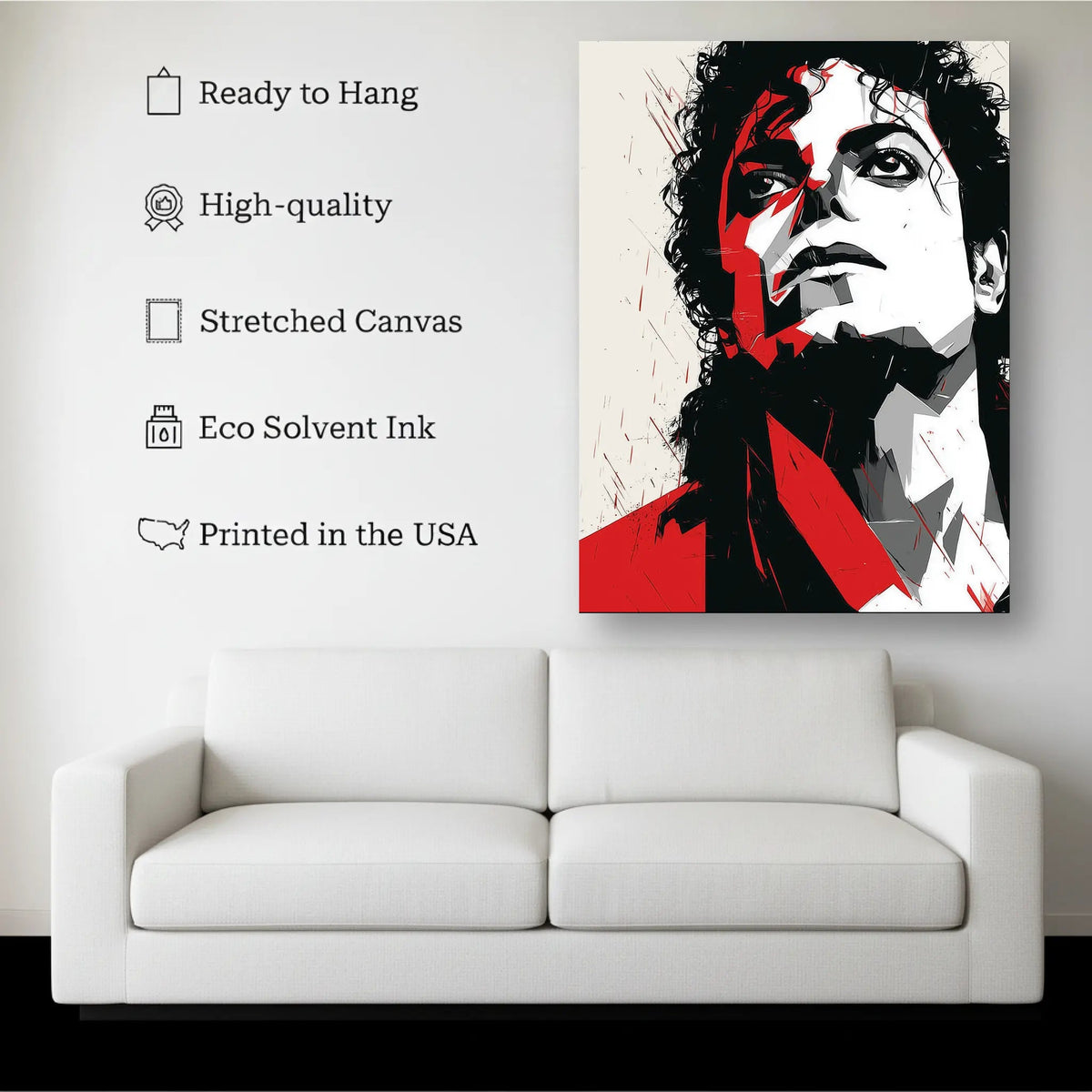 Pop Art Music Icon Wall Art canvas hanging on a living room wall above a white sofa