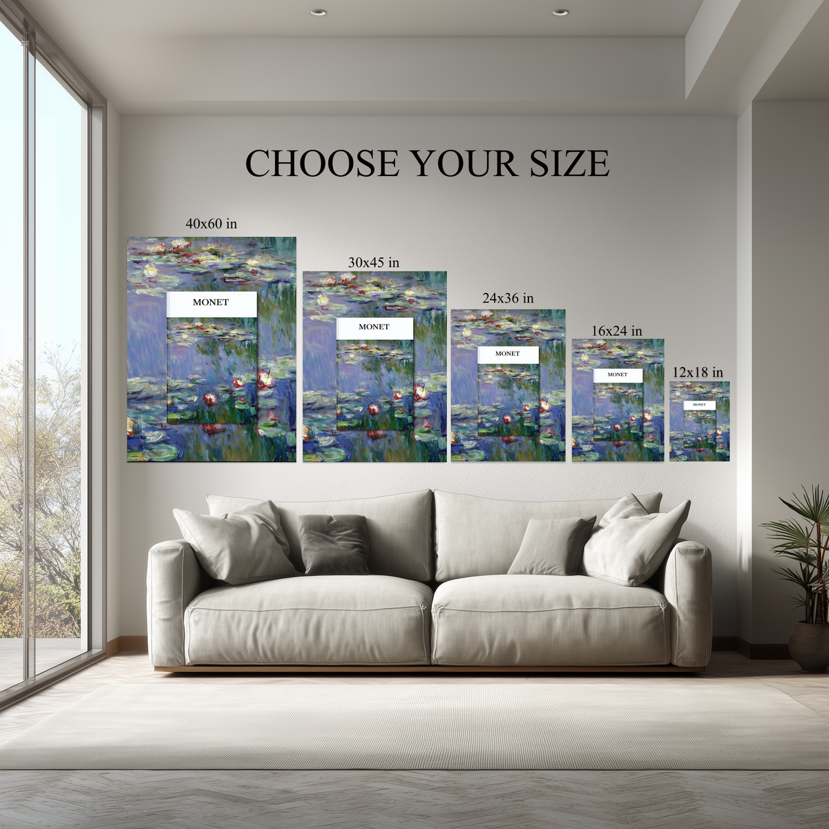 Monet Water Lilies Wall Art canvas size comparison from 12x18 to 40x60 in above a sofa