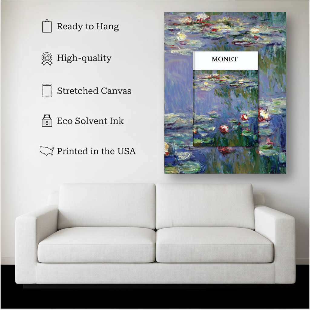 Monet Water Lilies Wall Art canvas hanging on a living room wall above a white sofa
