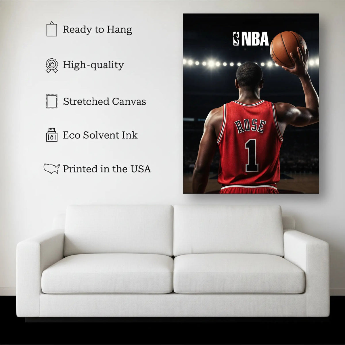 Game Time canvas hanging on a living room wall above a white sofa