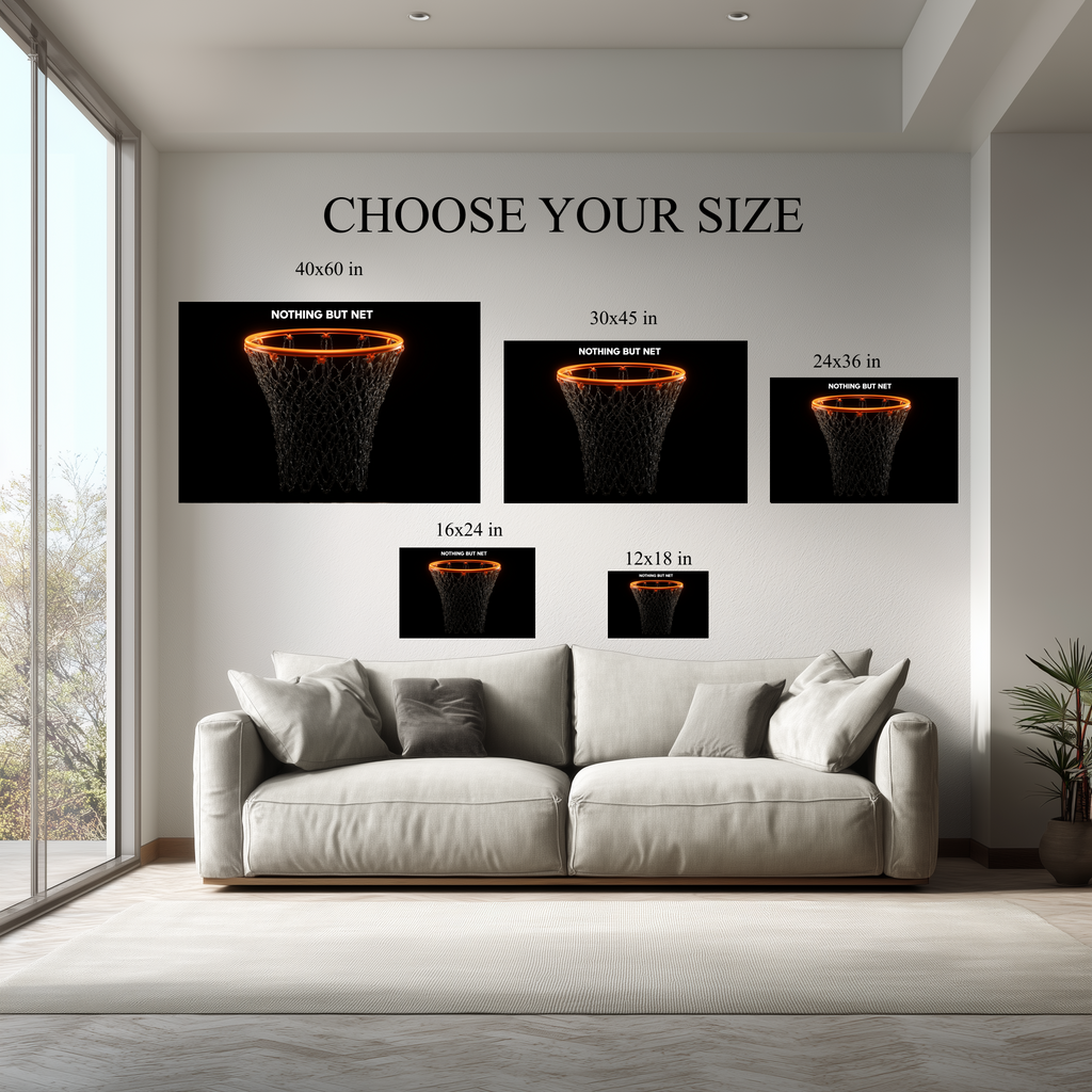 Nothing But Net Basketball Wall Art canvas size comparison from 12x18 to 40x60 in above a sofa