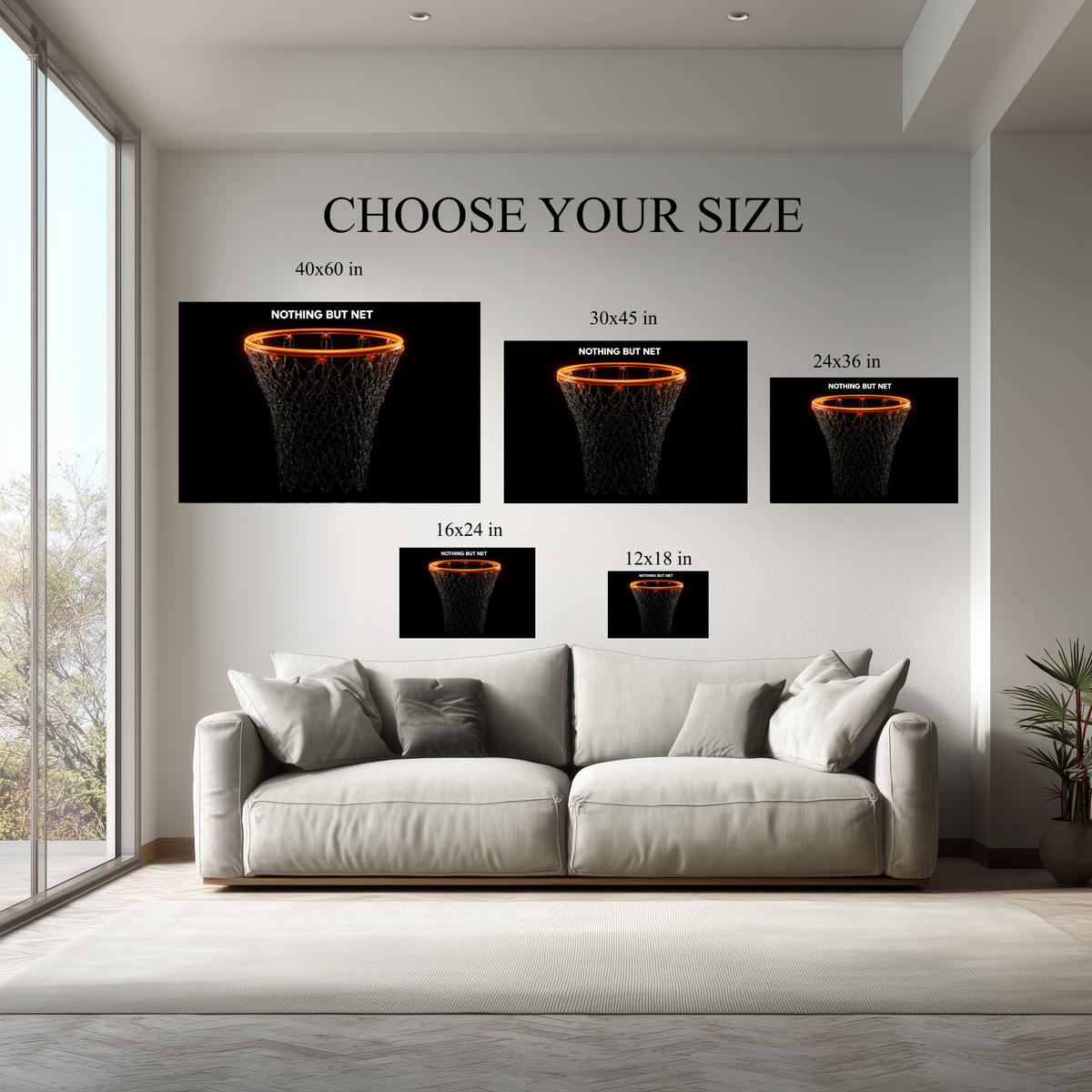 Nothing But Net Basketball Wall Art canvas size comparison from 12x18 to 40x60 in above a sofa
