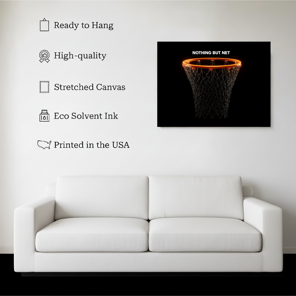 Nothing But Net Basketball Wall Art canvas hanging on a living room wall above a white sofa