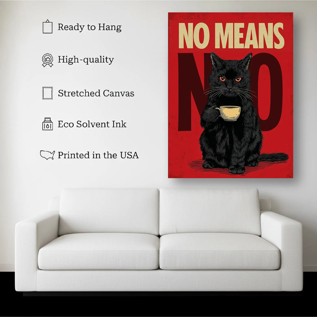 Black Cat Wall Art canvas hanging on a living room wall above a white sofa
