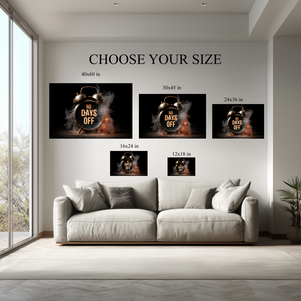 No Days Off Motivational Wall Art canvas size comparison from 12x18 to 40x60 in above a sofa