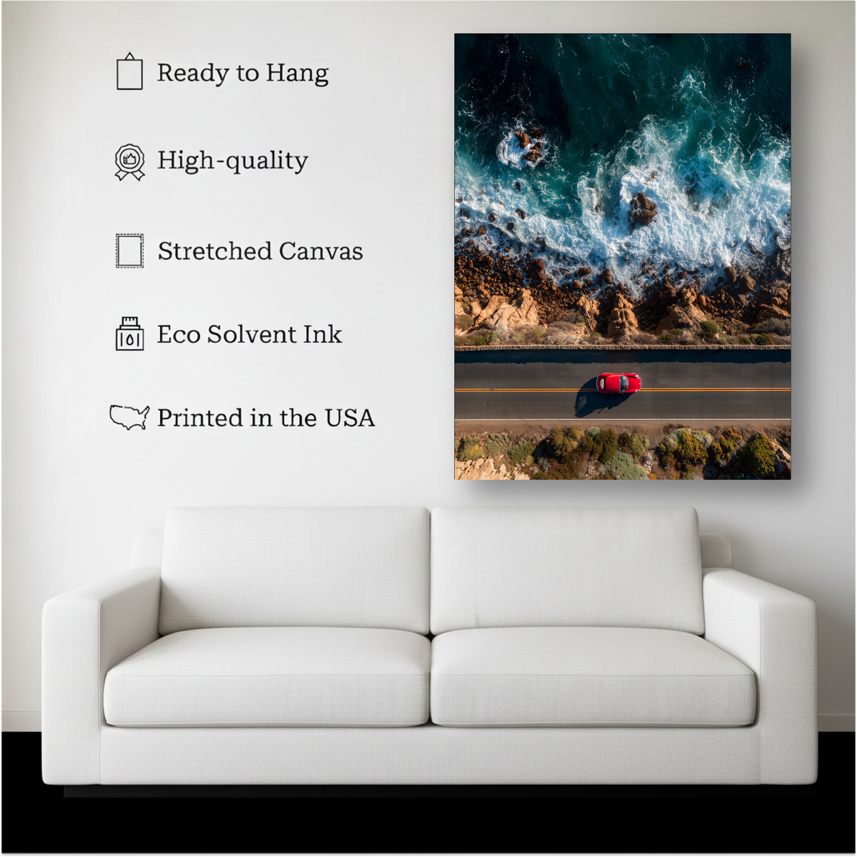 Coastal Road Trip Wall Art canvas hanging on a living room wall above a white sofa
