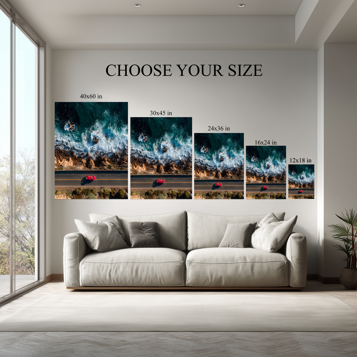 Coastal Road Trip Wall Art canvas size comparison from 12x18 to 40x60 in above a sofa